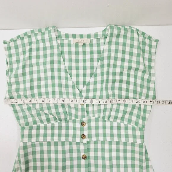 Loft Gingham Button Flare Dress Womens 16 Green White Cottage Country Western - Picture 5 of 13